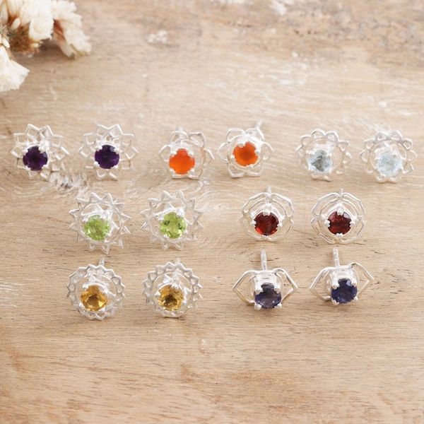 Alternate image for Set of 7 Gemstone and Sterling Silver Stud Earrings One for All