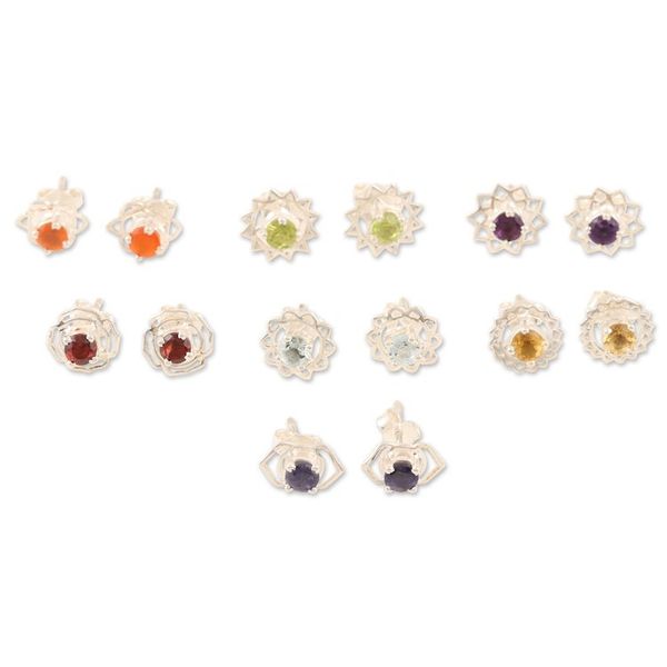 Alternate image for Set of 7 Gemstone and Sterling Silver Stud Earrings One for All