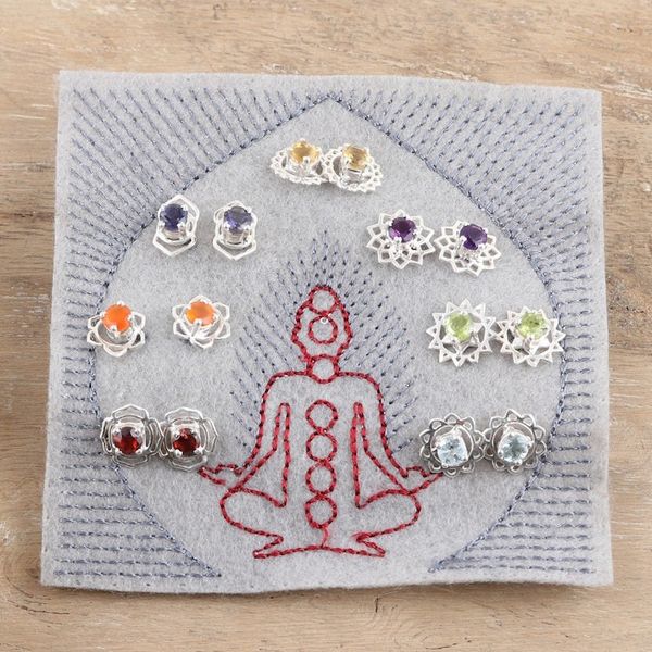 Alternate image for Set of 7 Gemstone and Sterling Silver Stud Earrings One for All