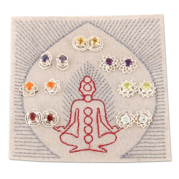 Alternate image for Set of 7 Gemstone and Sterling Silver Stud Earrings One for All