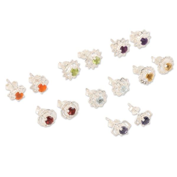 Alternate image for Set of 7 Gemstone and Sterling Silver Stud Earrings One for All