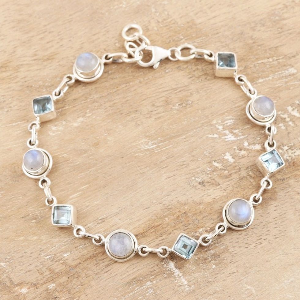 Blue Topaz and Rainbow Moonstone Bracelet 'Glowing Geometry'
