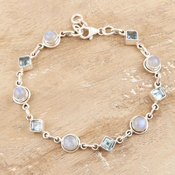 Alternate image for Blue Topaz and Rainbow Moonstone Bracelet Glowing Geometry