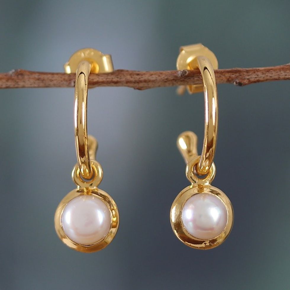 18k Gold-Plated Cultured Pearl Half-Hoop Dangle Earrings 'Eden's Romance'