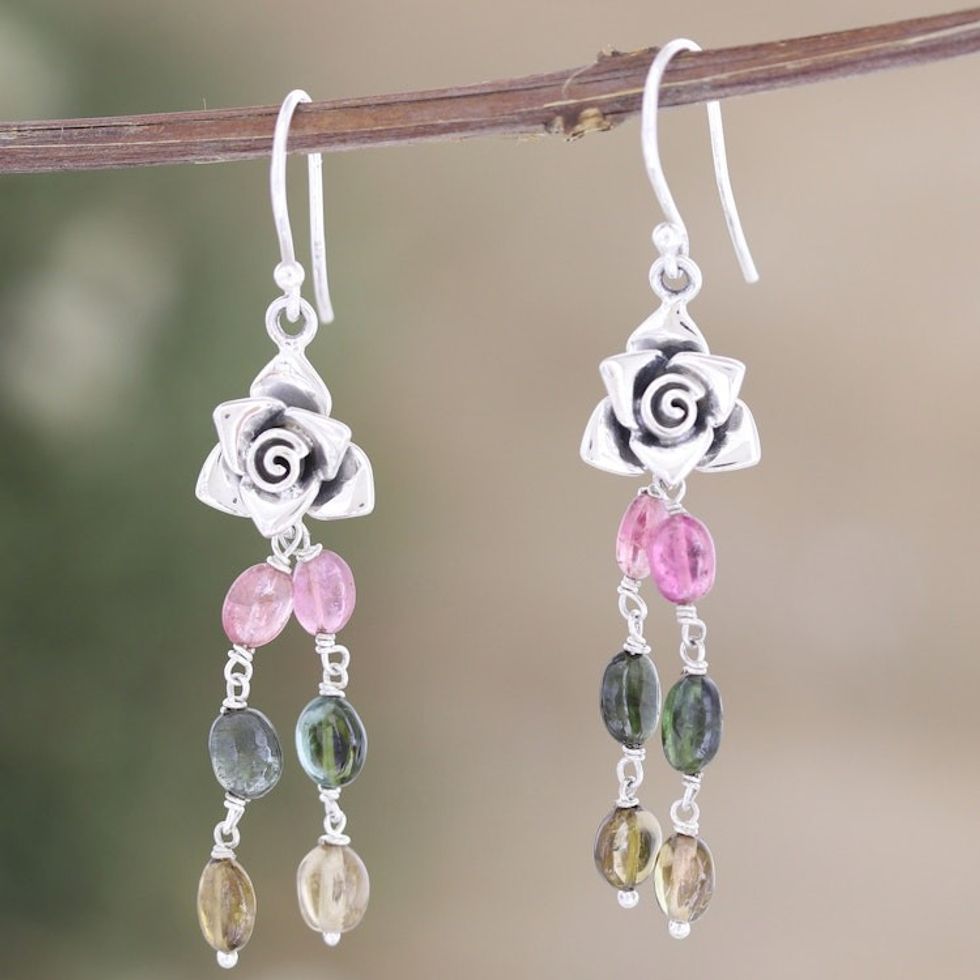 Floral Sterling Silver Dangle Earrings with Tourmaline Beads 'Love Rose'