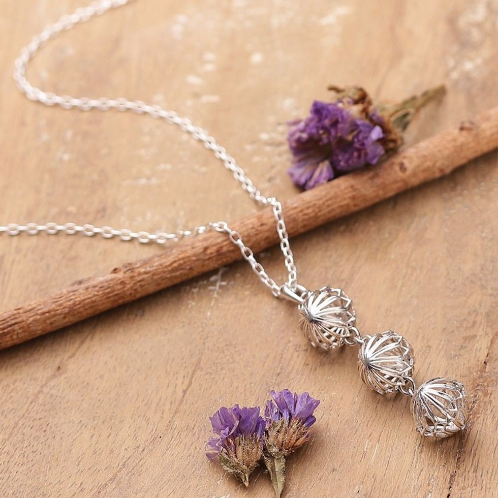 Floral High-Polished Sterling Silver Y-Necklace from India 'Floral Virtues'