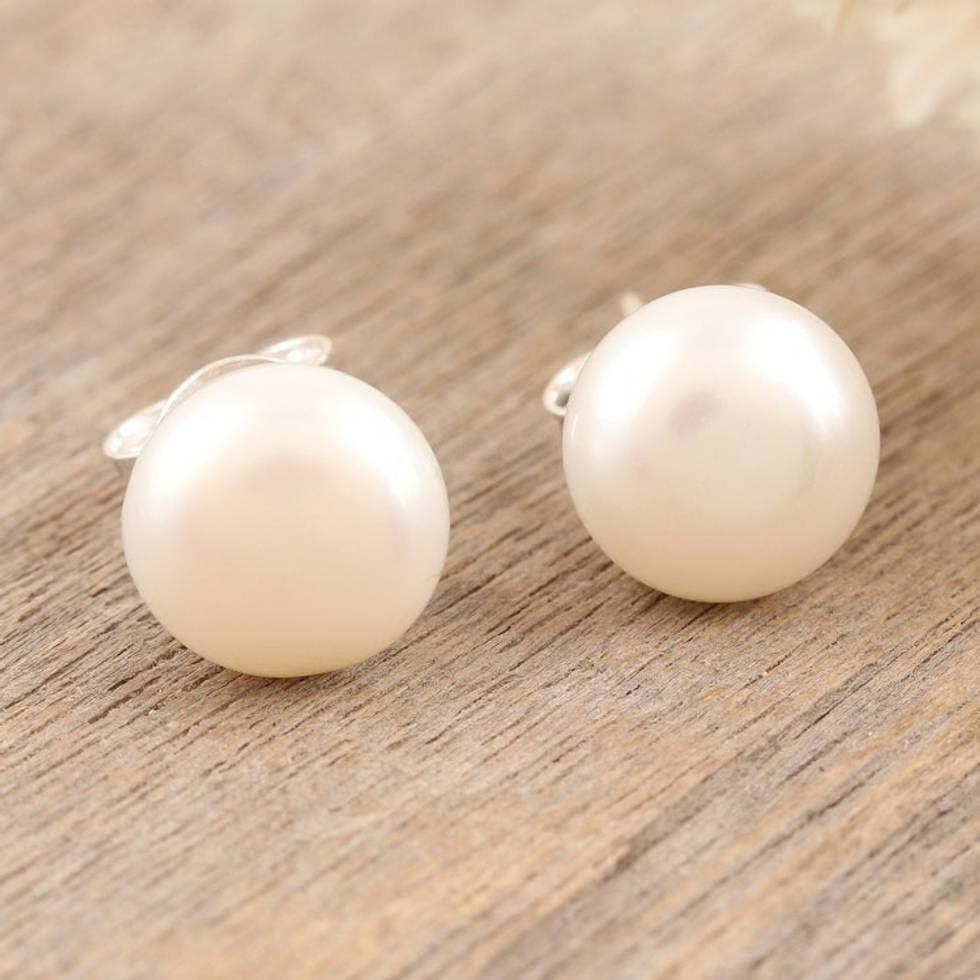 Cultured Pearl and Sterling Silver Stud Earrings from India 'Love Me Tender'