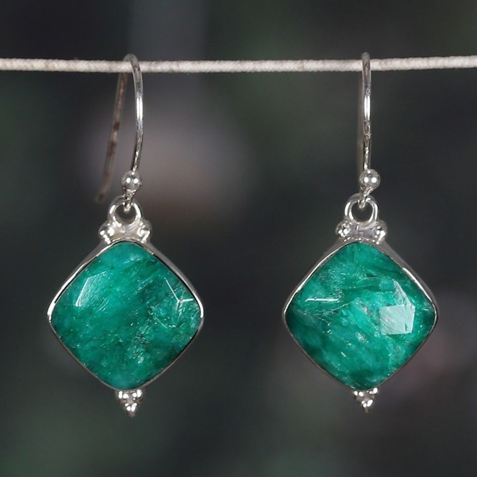 Polished Dangle Earrings with 33-Carat Faceted Green Agate 'Thriving Kiss'