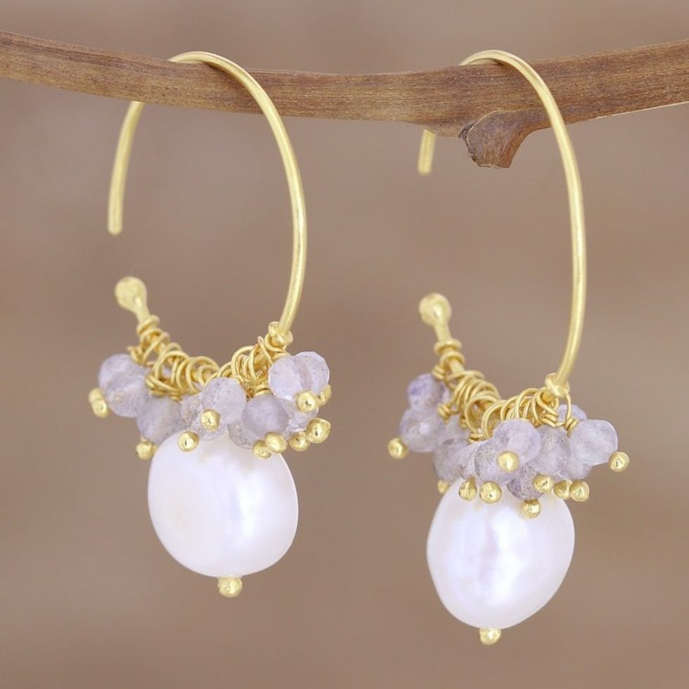 Gold-Plated Pearl and Labradorite Half-Hoop Earrings 'Sumptuous Soiree'