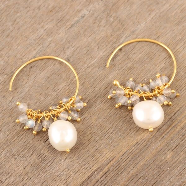 Alternate image for Gold-Plated Pearl and Labradorite Half-Hoop Earrings Sumptuous Soiree