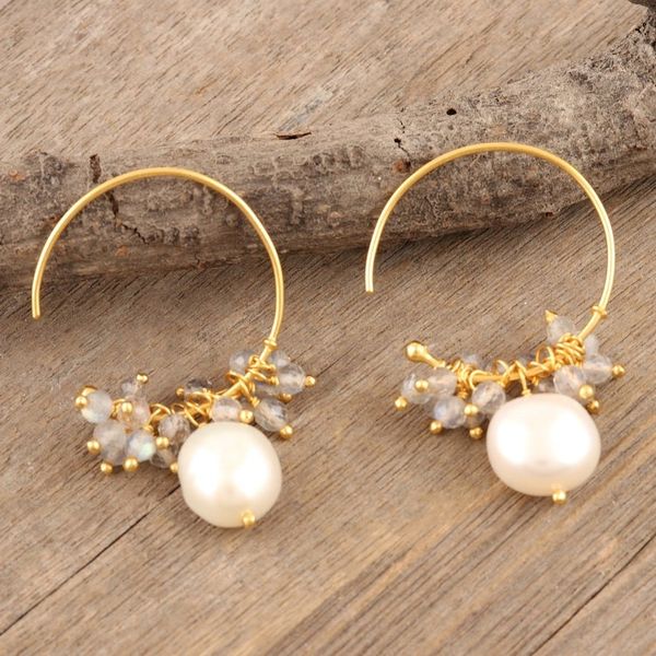 Alternate image for Gold-Plated Pearl and Labradorite Half-Hoop Earrings Sumptuous Soiree