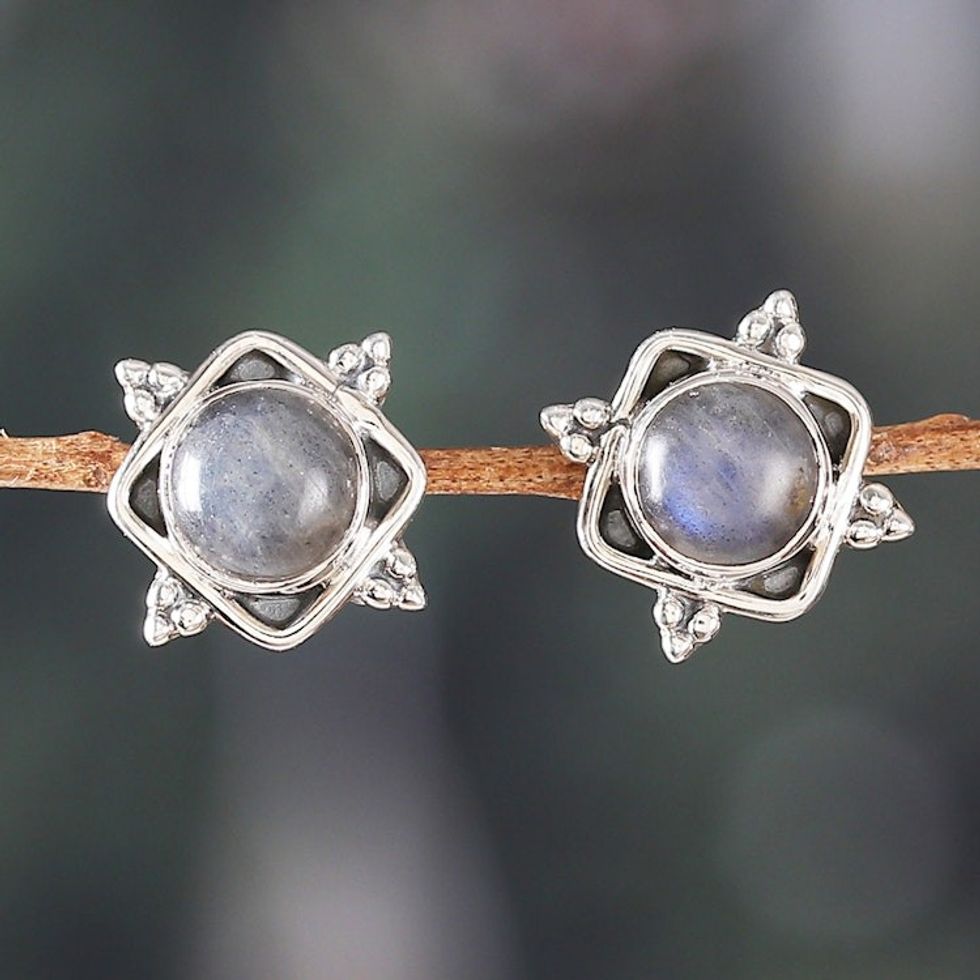Classic Natural Labradorite Button Earrings Crafted in India 'Mystique Marchioness'