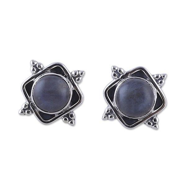 Alternate image for Classic Natural Labradorite Button Earrings Crafted in India Mystique Marchioness
