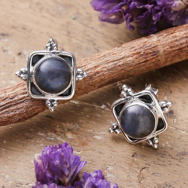 Alternate image for Classic Natural Labradorite Button Earrings Crafted in India Mystique Marchioness