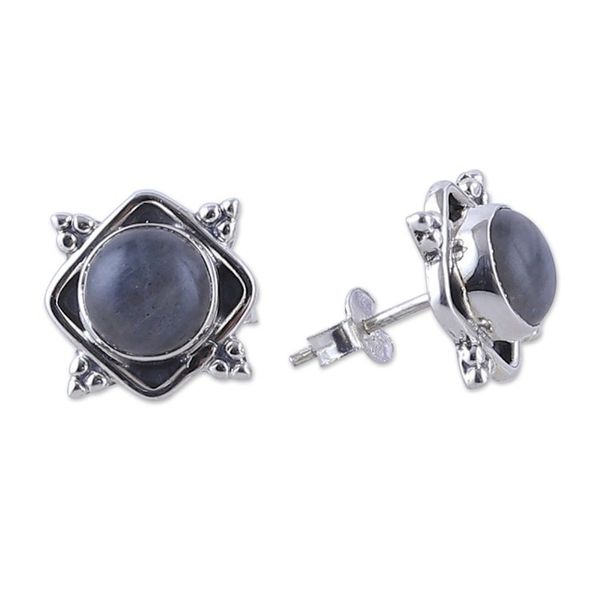 Alternate image for Classic Natural Labradorite Button Earrings Crafted in India Mystique Marchioness