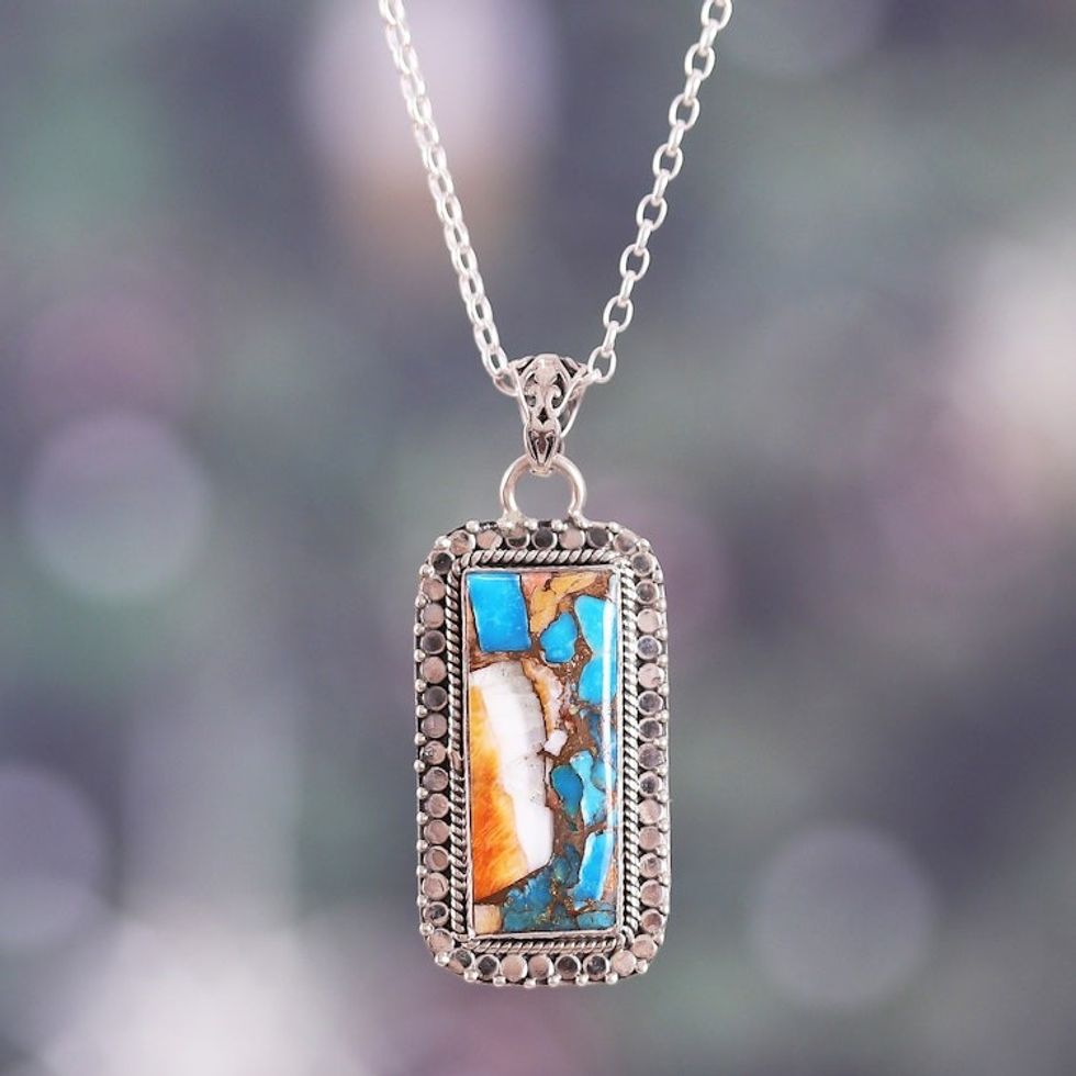 Classic Indian-Made Reconstituted Turquoise Pendant Necklace 'Glorious Muse'