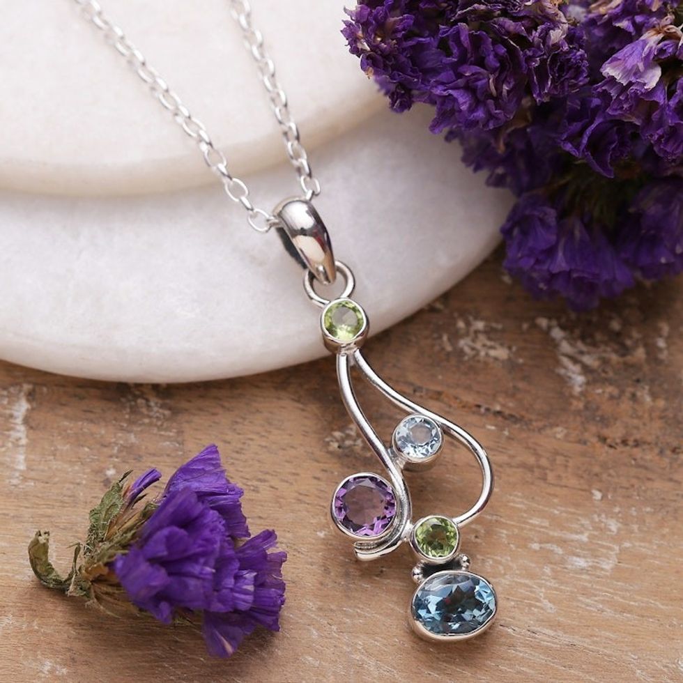 High-Polished One-Carat Multi-Gemstone Pendant Necklace 'Gems of Spring'