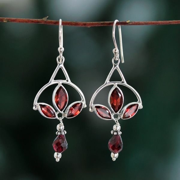 Alternate image for Polished Sterling Silver Dangle Earrings with Garnet Stones Enthralling Red