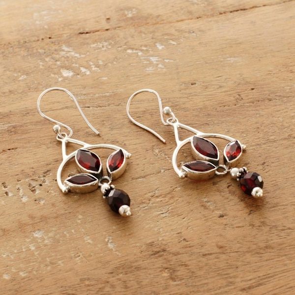 Alternate image for Polished Sterling Silver Dangle Earrings with Garnet Stones Enthralling Red