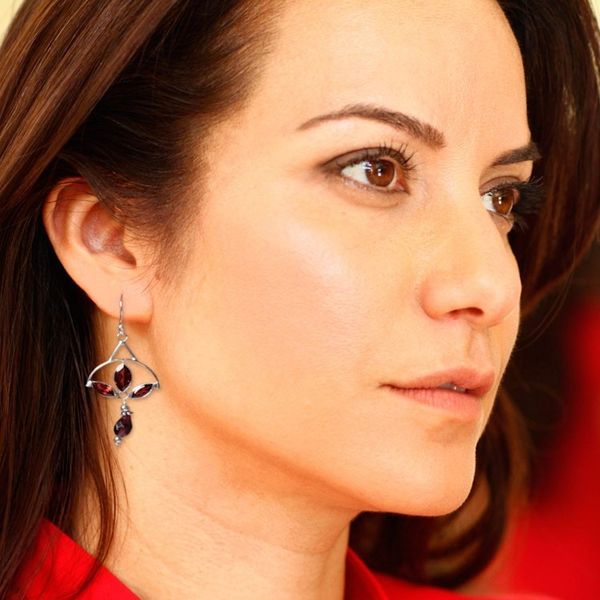 Alternate image for Polished Sterling Silver Dangle Earrings with Garnet Stones Enthralling Red