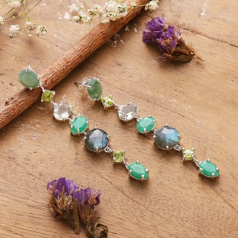 25-Carat Green Multi-Gemstone Dangle Earrings from India 'Enchanted Green'