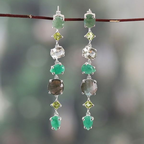 Alternate image for 25-Carat Green Multi-Gemstone Dangle Earrings from India Enchanted Green
