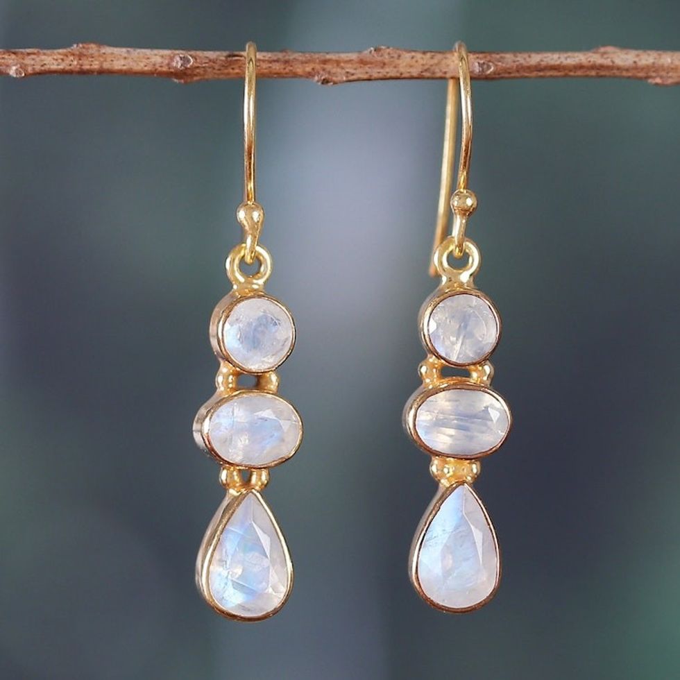 Gold-Plated Dangle Earrings with 6-Carat Rainbow Moonstones 'Heavenly Gaze'