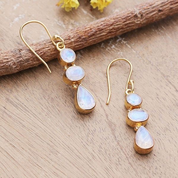 Alternate image for Gold-Plated Dangle Earrings with 6-Carat Rainbow Moonstones Heavenly Gaze
