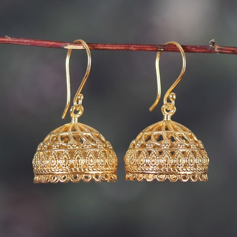 Gold-Plated Jhumki Dome-Themed Dangle Earrings from India 'Radiant Jhumki'