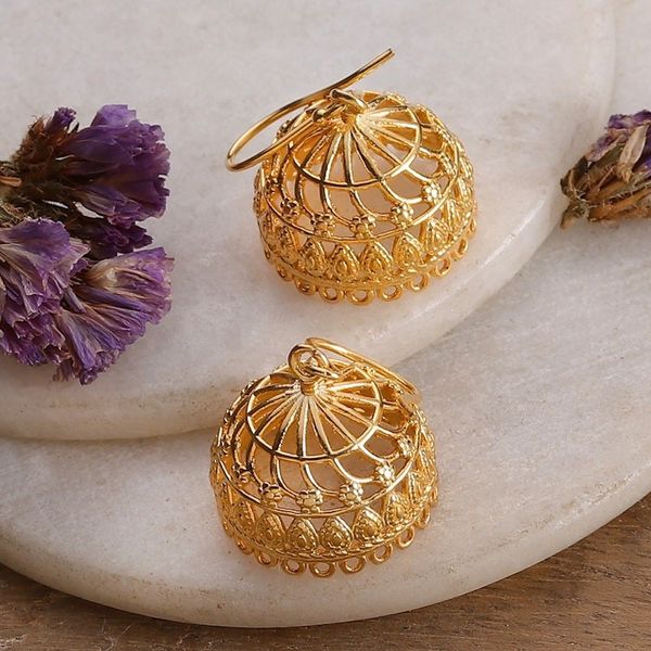 Alternate image for Gold-Plated Jhumki Dome-Themed Dangle Earrings from India Radiant Jhumki