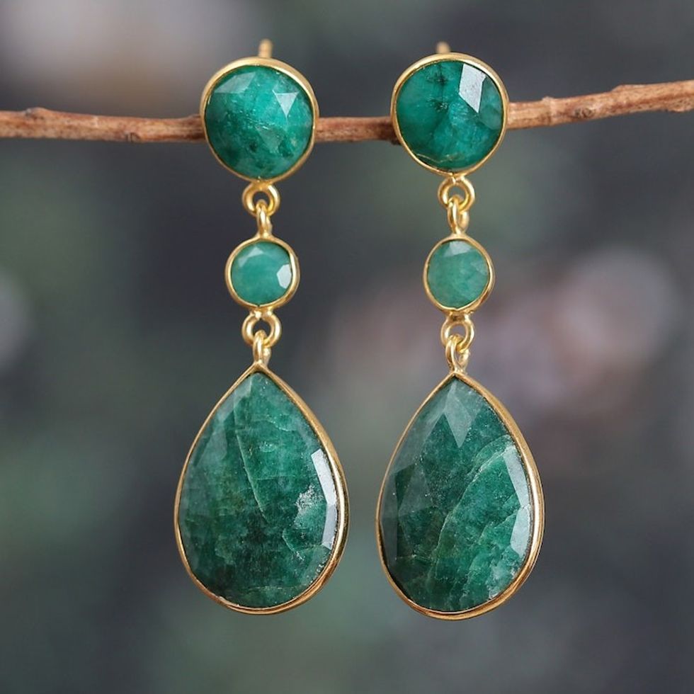 Gold-Plated 30-Carat Beryl and Aventurine Dangle Earrings 'Emerald Glam'