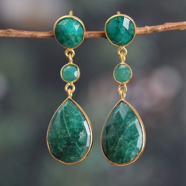 Alternate image for Gold-Plated 30-Carat Beryl and Aventurine Dangle Earrings Emerald Glam