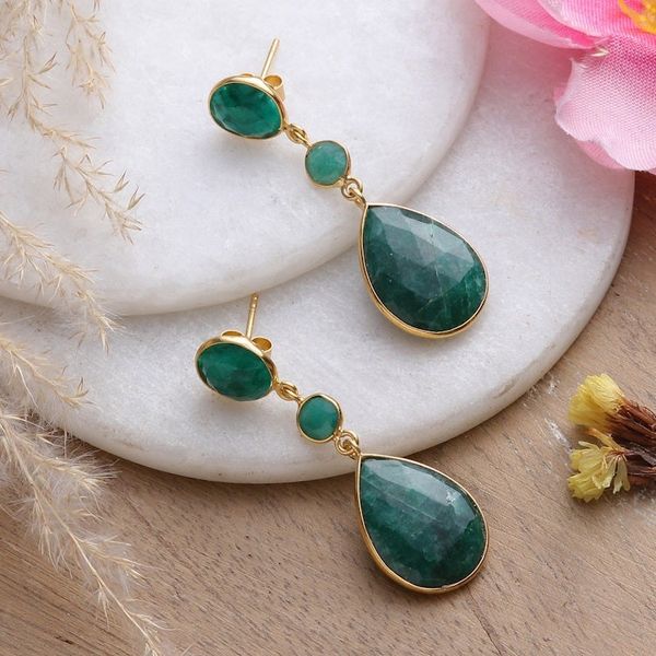 Alternate image for Gold-Plated 30-Carat Beryl and Aventurine Dangle Earrings Emerald Glam