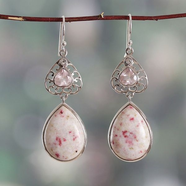 Alternate image for Dolomite Rose Quartz and White Topaz Heart Dangle Earrings Passionate Allure