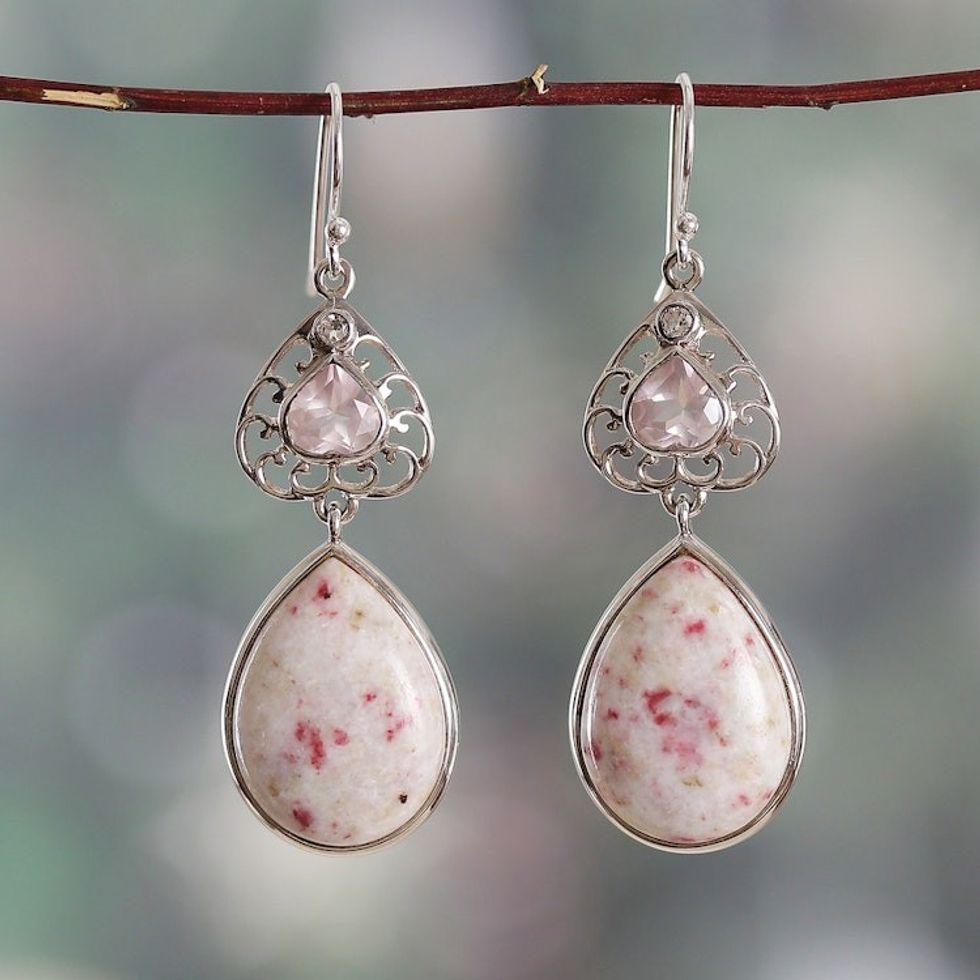 Dolomite Rose Quartz and White Topaz Heart Dangle Earrings 'Passionate Allure'
