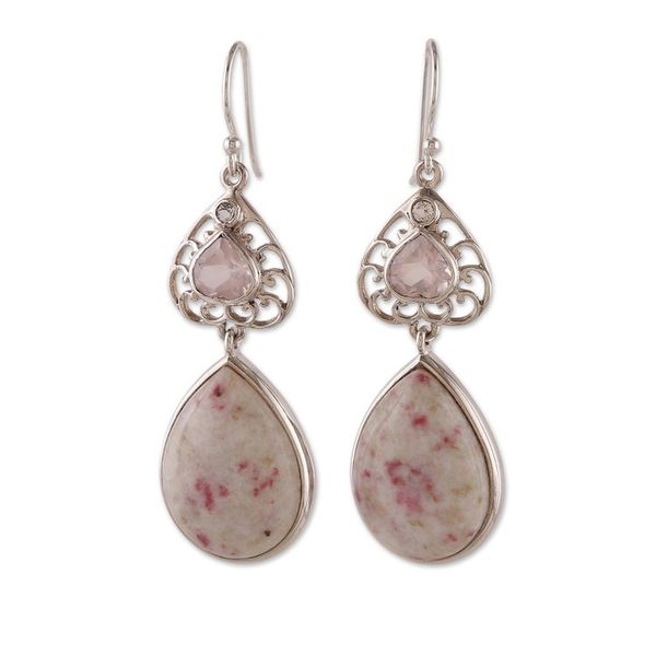 Alternate image for Dolomite Rose Quartz and White Topaz Heart Dangle Earrings Passionate Allure