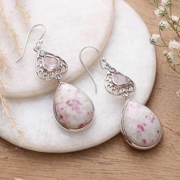 Alternate image for Dolomite Rose Quartz and White Topaz Heart Dangle Earrings Passionate Allure