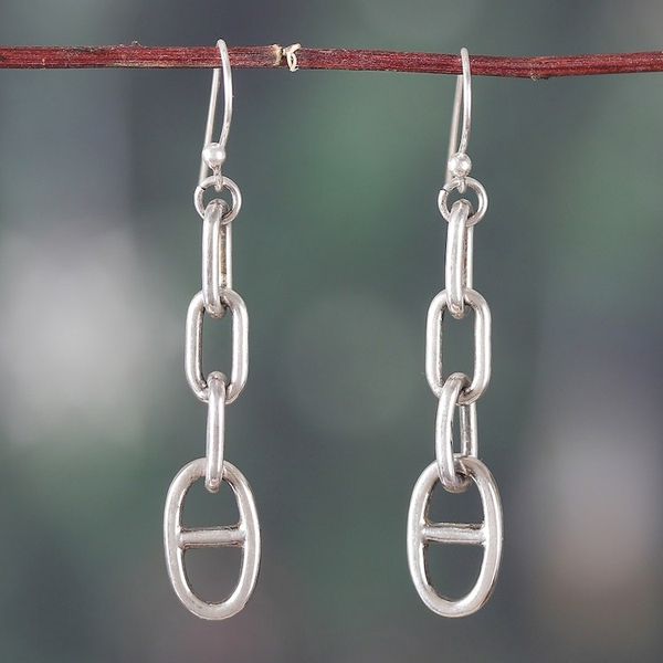 Alternate image for Modern Polished Sterling Silver Link-Shaped Dangle Earrings Contemporary Links