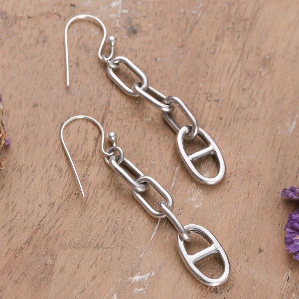 Alternate image for Modern Polished Sterling Silver Link-Shaped Dangle Earrings Contemporary Links