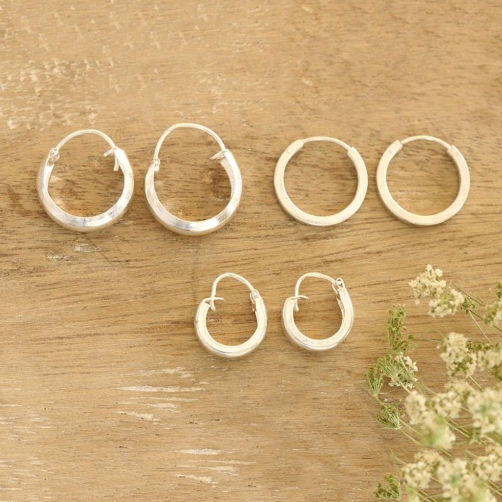 Artisan Crafted Sterling Silver Hoop Earrings Set of 3 'Lustrous Loops'