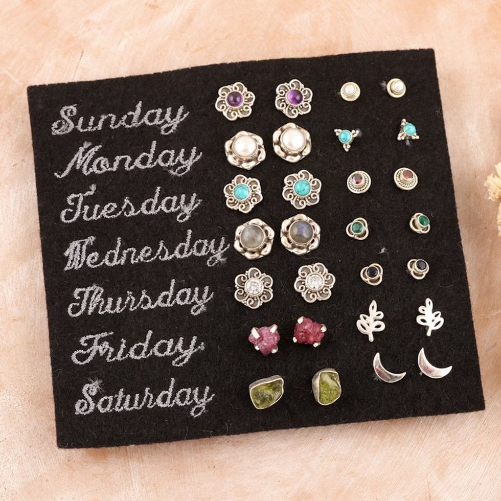 Set of 14 Gemstone Stud Earrings Crafted in India 'Daily Stones'