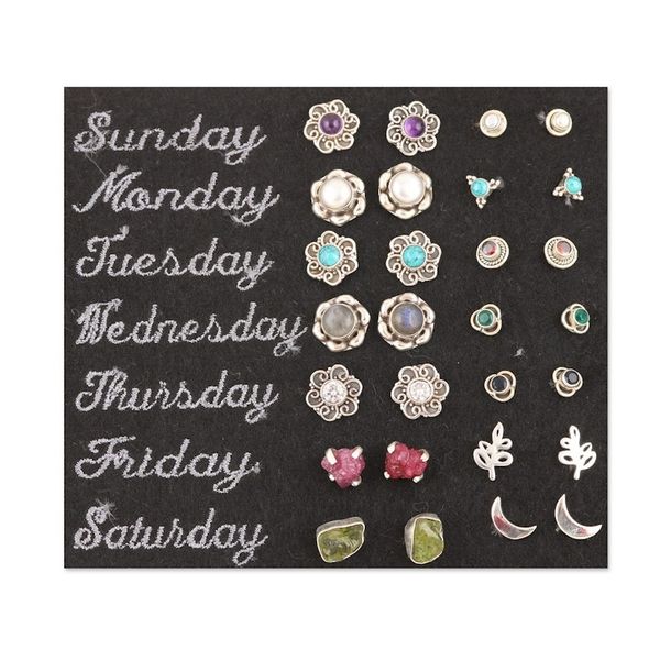 Alternate image for Set of 14 Gemstone Stud Earrings Crafted in India Daily Stones
