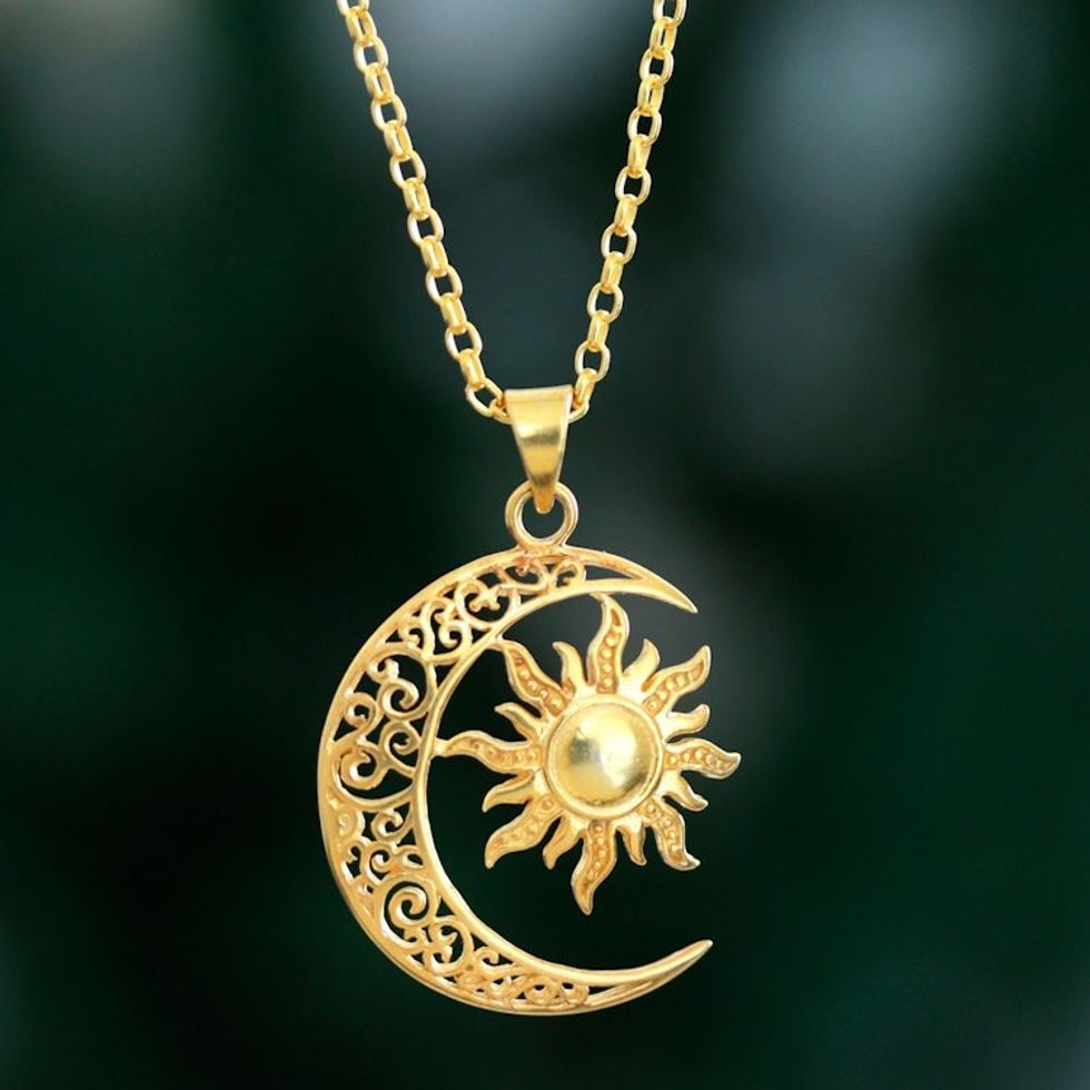 Sun and Crescent Moon 22k Gold-Plated Pendant Necklace 'Sacred Duo'