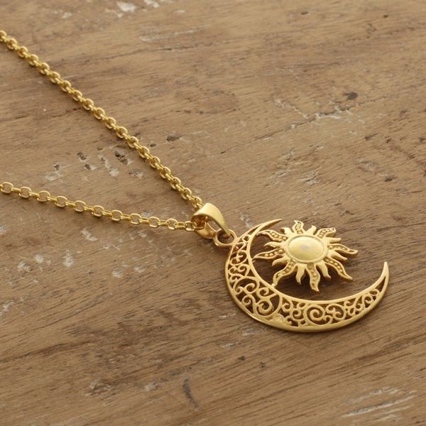 Alternate image for Sun and Crescent Moon 22k Gold-Plated Pendant Necklace Sacred Duo