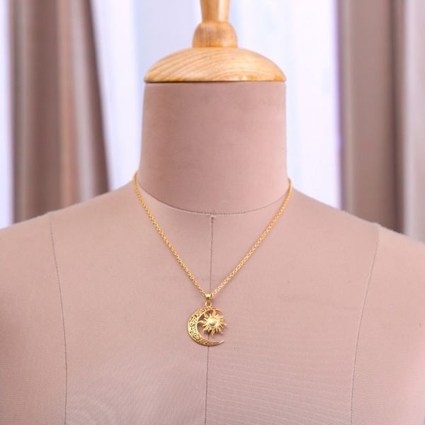 Alternate image for Sun and Crescent Moon 22k Gold-Plated Pendant Necklace Sacred Duo