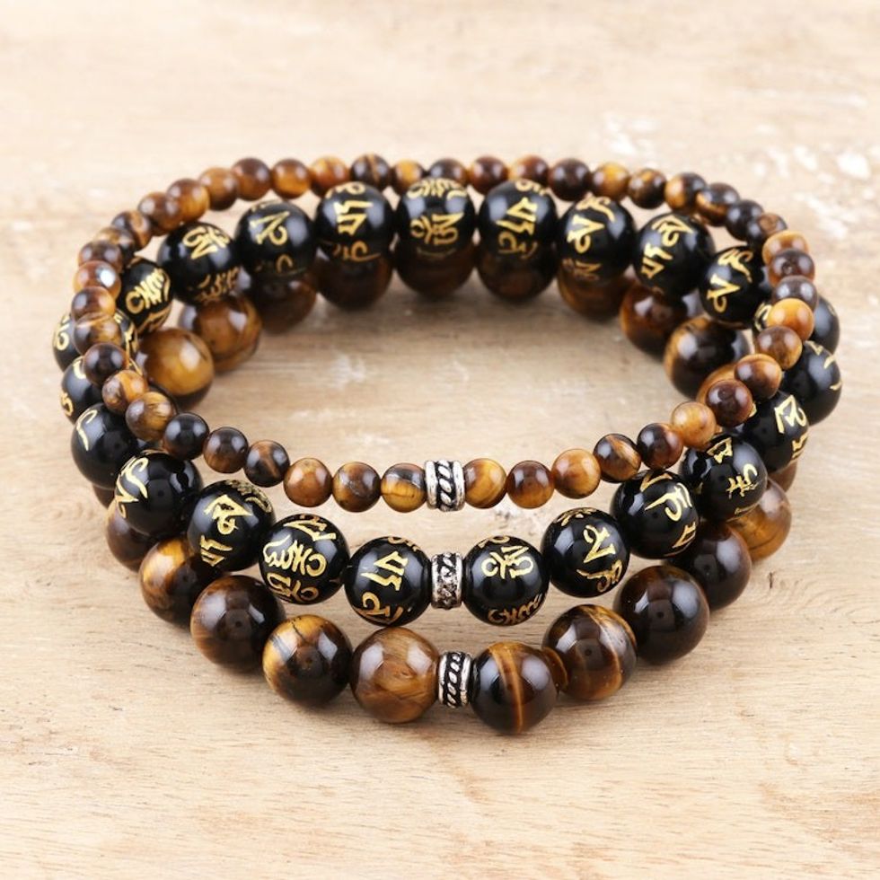 Tiger's Eye and Onyx Beaded Stretch Bracelet Set of 3 'Healing Trio'