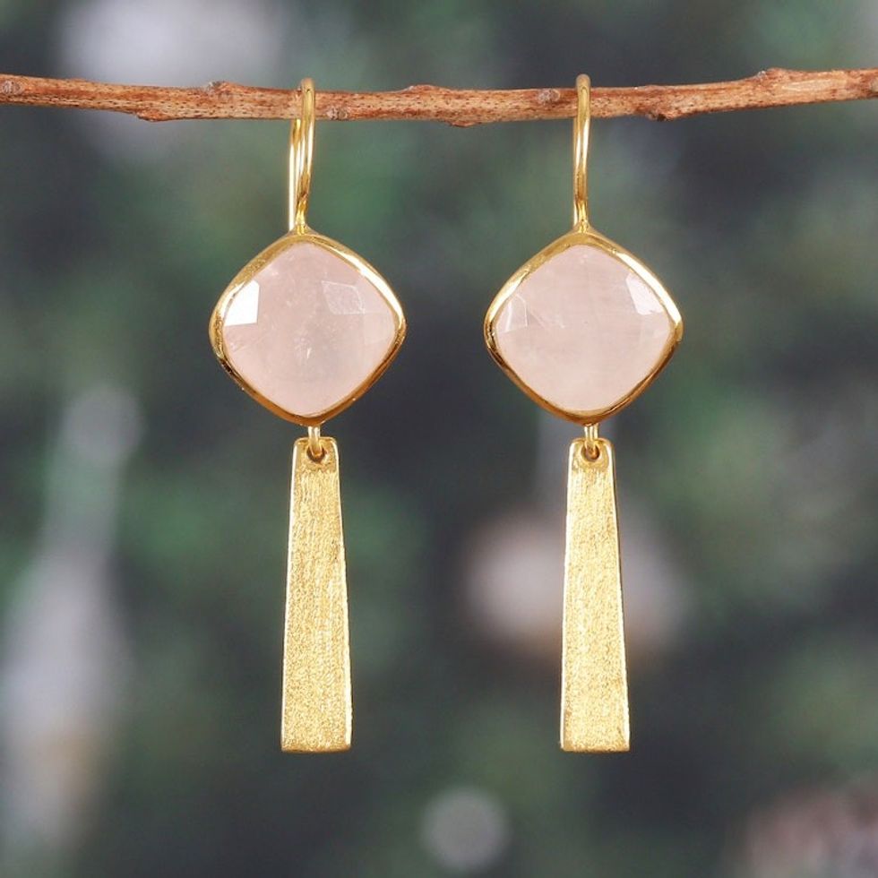 18k Gold-Plated 12-Carat Natural Rose Quartz Dangle Earrings 'Monument of Kindness'