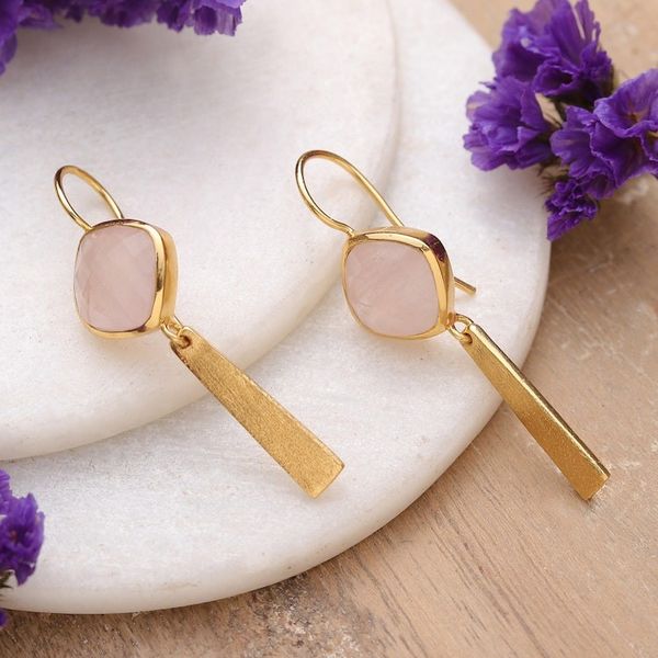 Alternate image for 18k Gold-Plated 12-Carat Natural Rose Quartz Dangle Earrings Monument of Kindness