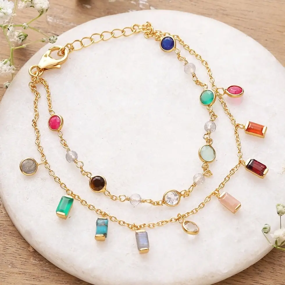 18k Gold-Plated Multi-Gemstone Charm Strand Bracelet 'Golden Spells'