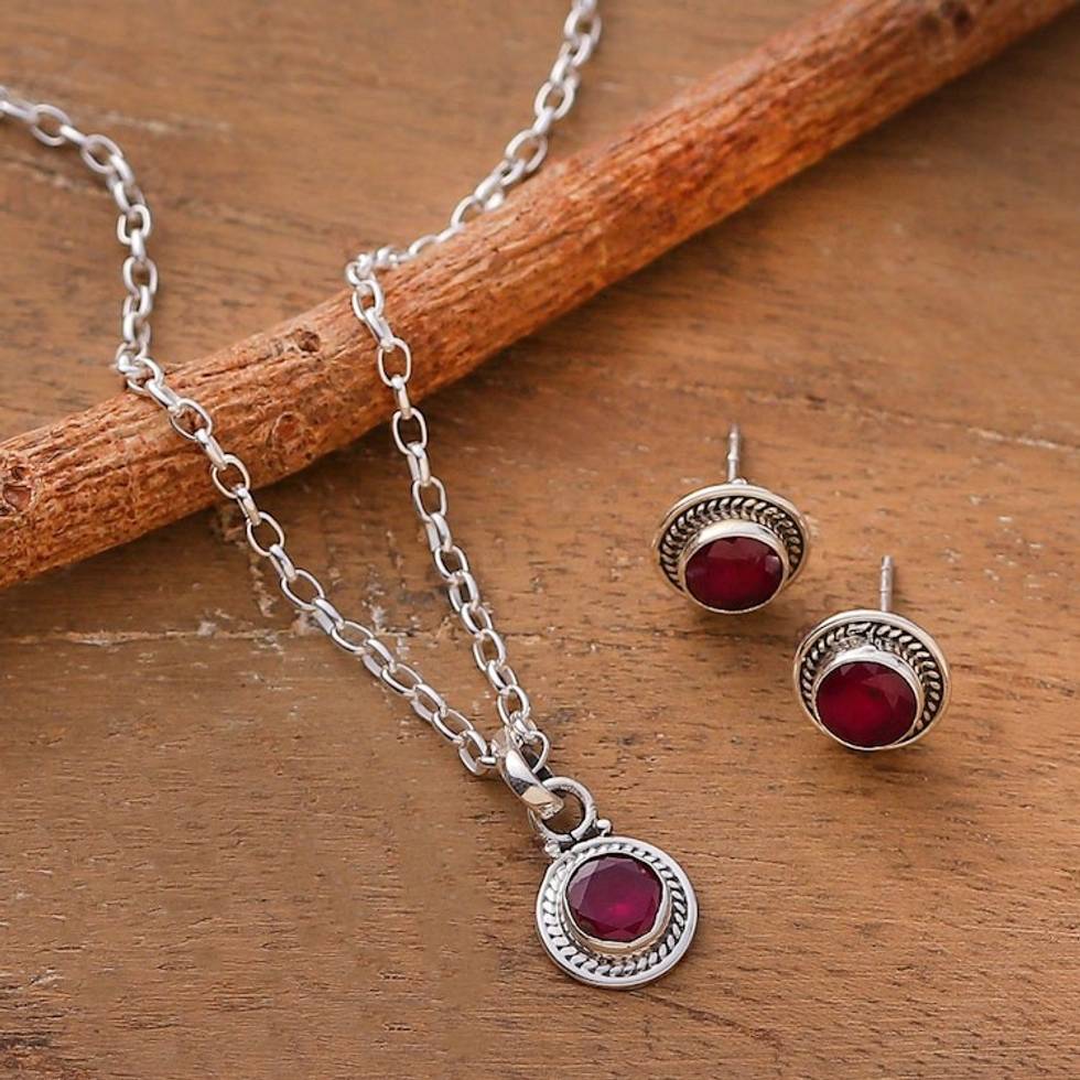 2-Carat Faceted Round Ruby Necklace and Earrings Jewelry Set 'Sparkling Caprice'